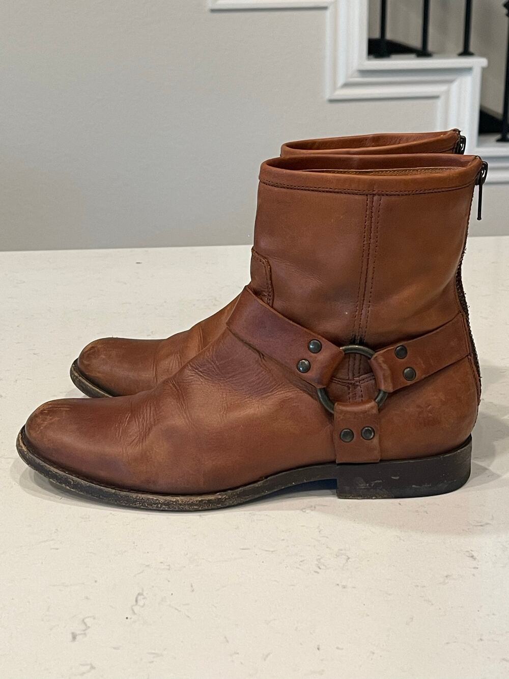 Frye Phillip Harness Cognac Leather Ankle Boots size:7.5 B